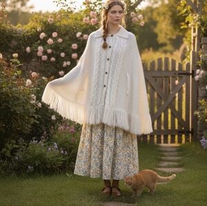 ✨ VINTAGE 70s Boho Cream Cable Knit Fringe Cape – Arm Openings – Cozy!